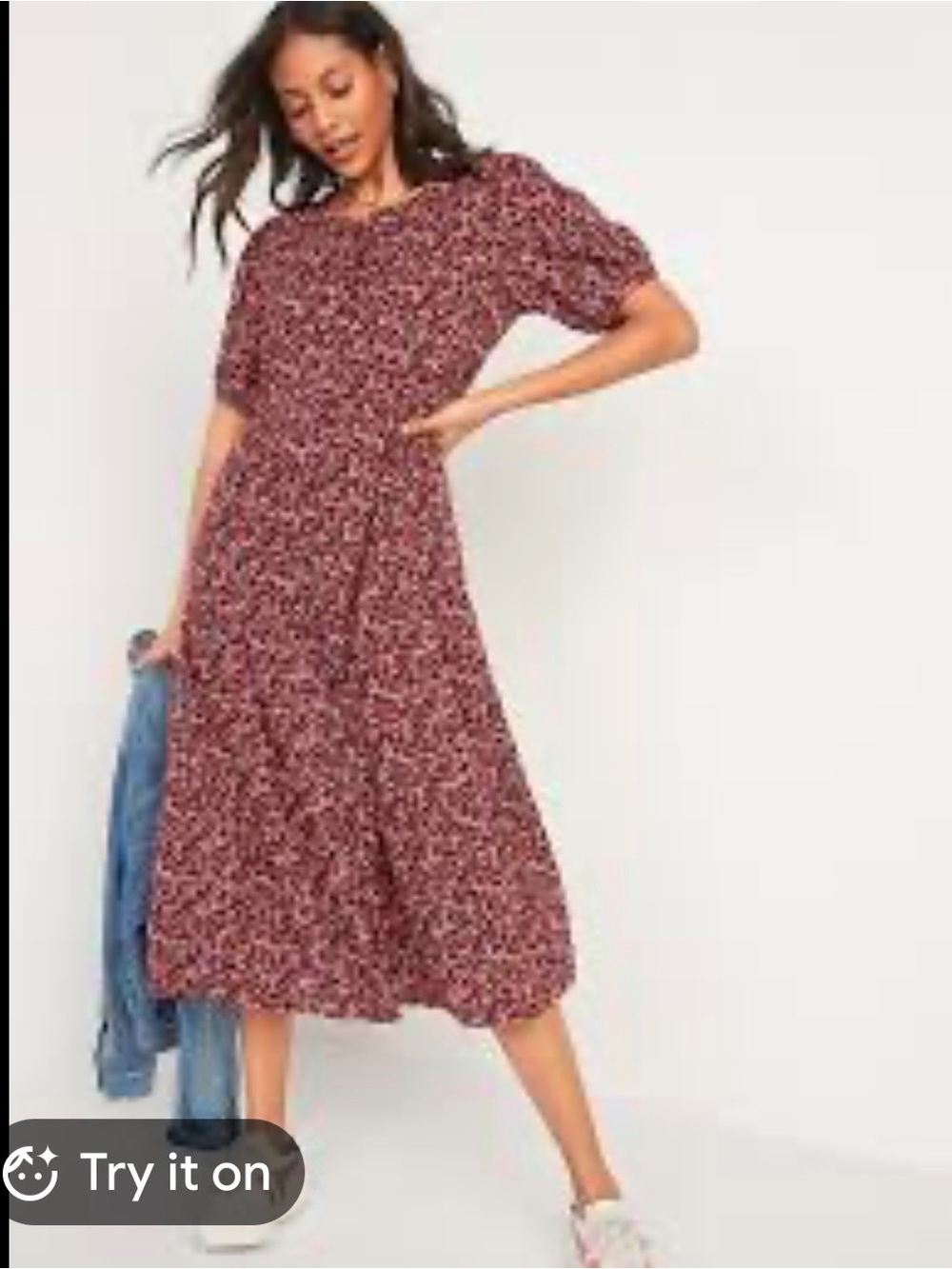 🩷 Old Navy Burgundy Floral Midi Dress with Pink Accents button front. Size M VGU